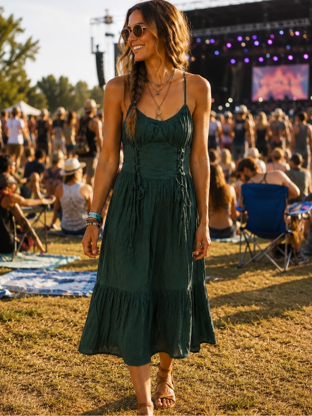 Trixxi Forest Green Boho Midi Dress with Raw Edge Straps Size Juniors S